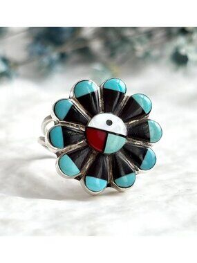 Zuni Sun Face Turquoise, Onyx, MOP & Coral Sterling Silver 925 Vintage Ring sz 6